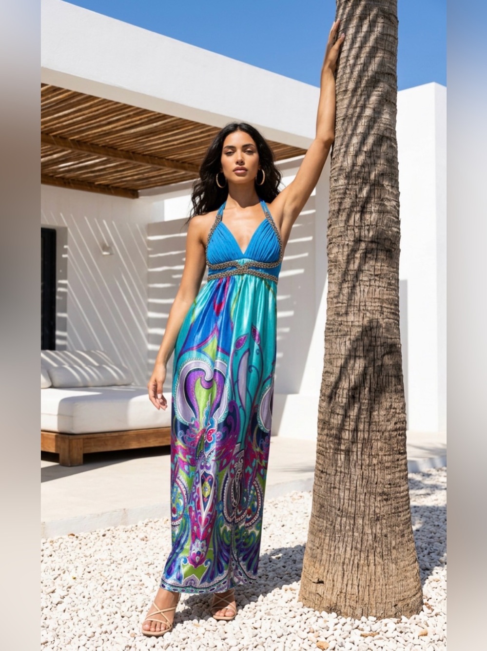 Y2K vintage Arden B Teal Halter Maxi with Multicolor Paisley. Sz S